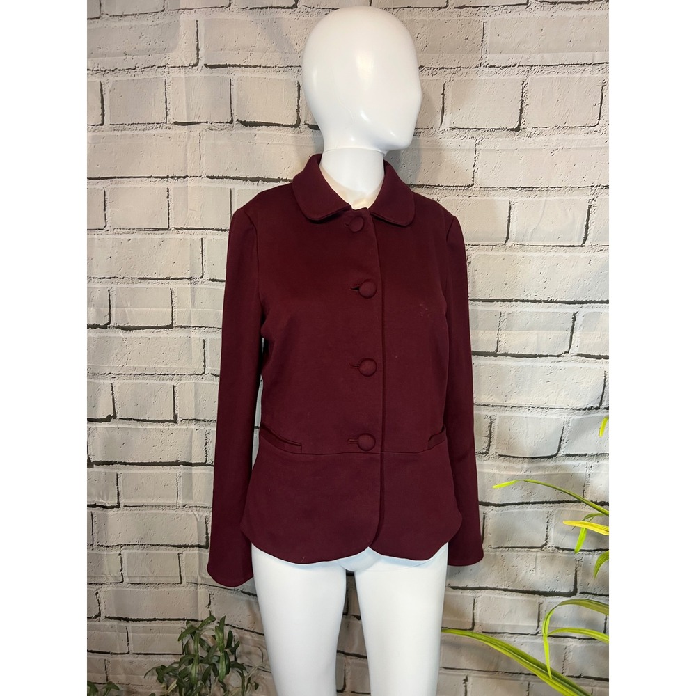 Talbots Burgundy Peplum Knit Blazer Jacket Size 4 Button Front Stretch Lined